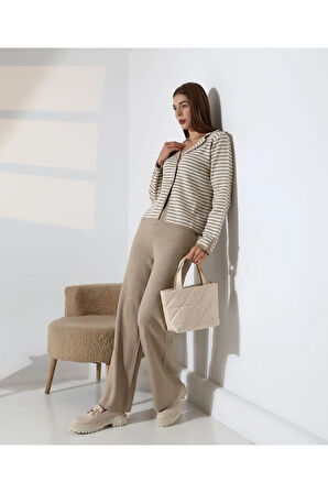 Çizgili Polo Yaka Kadın Triko Takım