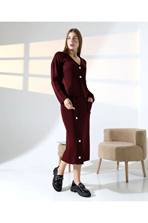 Düğme Detaylı Şık Etekli Triko Takım