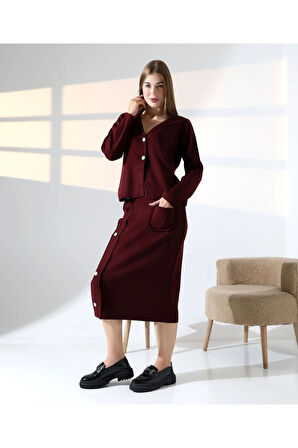 Düğme Detaylı Şık Etekli Triko Takım