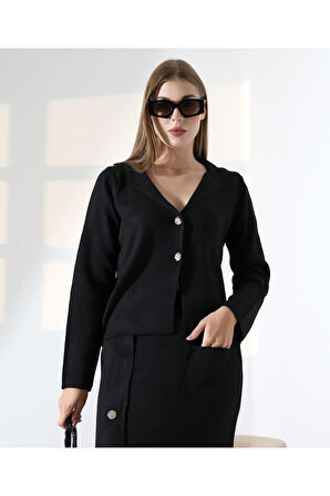 Düğme Detaylı Şık Etekli Triko Takım