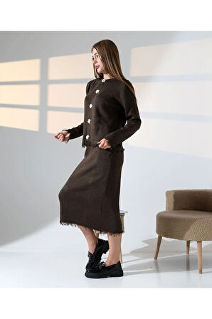 Püskül ve Düğme Detaylı Triko Etek Takım