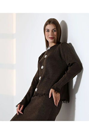 Püskül ve Düğme Detaylı Triko Etek Takım