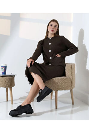 Püskül ve Düğme Detaylı Triko Etek Takım