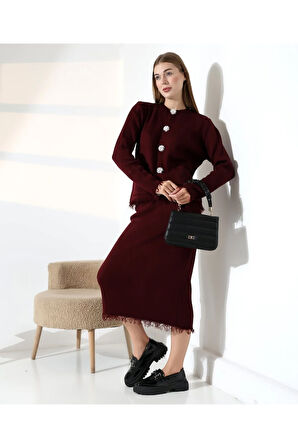 Püskül ve Düğme Detaylı Triko Etek Takım