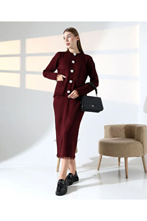 Püskül ve Düğme Detaylı Triko Etek Takım