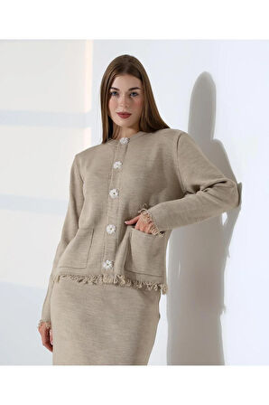 Püskül ve Düğme Detaylı Triko Etek Takım