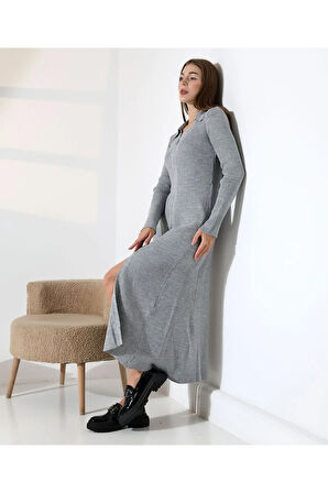 Fermuar Detaylı Polo Yaka Triko Elbise