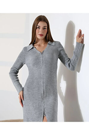 Fermuar Detaylı Polo Yaka Triko Elbise