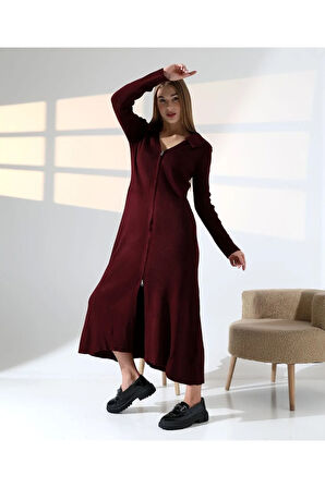 Fermuar Detaylı Polo Yaka Triko Elbise