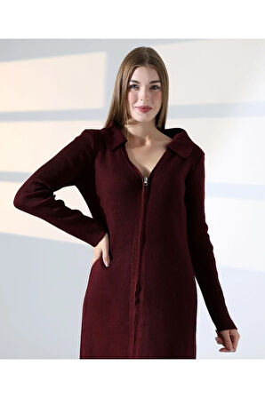 Fermuar Detaylı Polo Yaka Triko Elbise