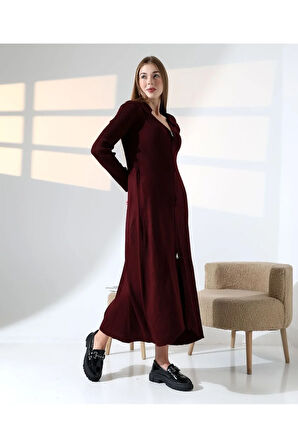 Fermuar Detaylı Polo Yaka Triko Elbise