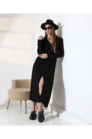 Fermuar Detaylı Polo Yaka Triko Elbise