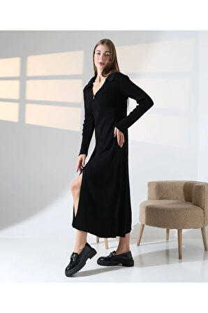 Fermuar Detaylı Polo Yaka Triko Elbise