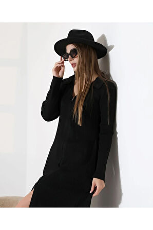 Fermuar Detaylı Polo Yaka Triko Elbise