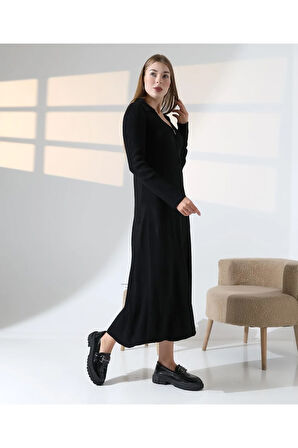 Fermuar Detaylı Polo Yaka Triko Elbise