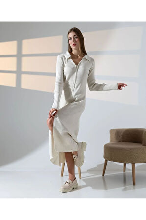 Fermuar Detaylı Polo Yaka Triko Elbise