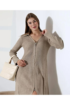 Fermuar Detaylı Polo Yaka Triko Elbise