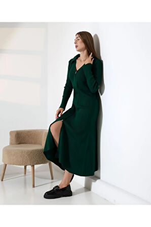 Fermuar Detaylı Polo Yaka Triko Elbise