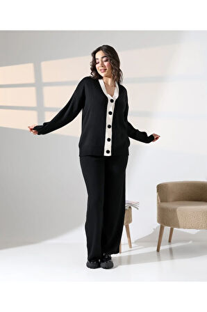 Düğme Detaylı Modern İkili Ton Takım