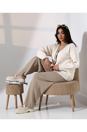 Düğme Detaylı Modern İkili Ton Takım