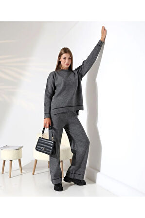 Kontrast Dikişli Kadın Triko Takım