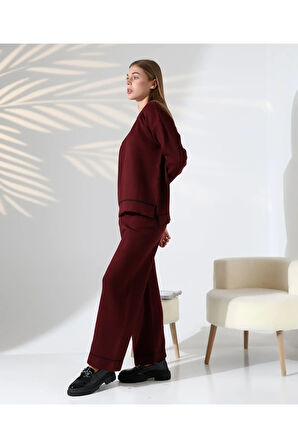 Kontrast Dikişli Kadın Triko Takım
