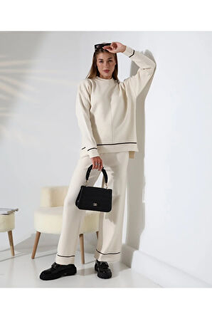 Kontrast Dikişli Kadın Triko Takım