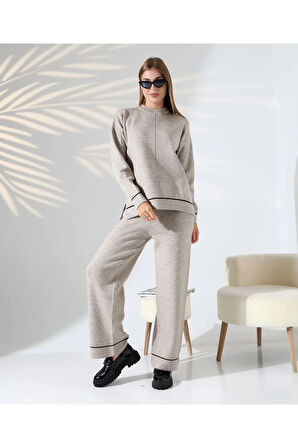 Kontrast Dikişli Kadın Triko Takım