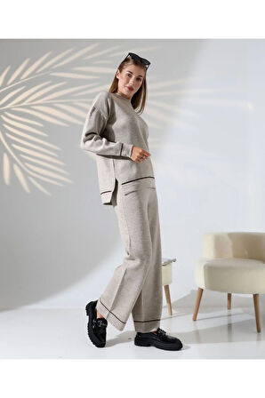 Kontrast Dikişli Kadın Triko Takım