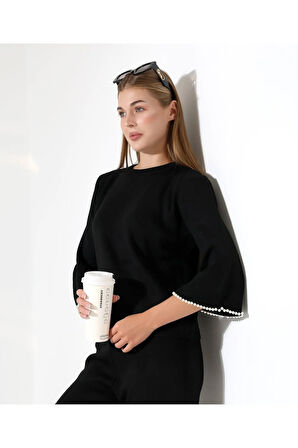 İnci Volanlı Kol Detaylı Triko Takım