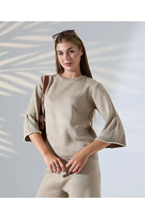 İnci Volanlı Kol Detaylı Triko Takım