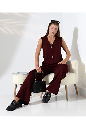 Parlak Düğmeli Şık Yelekli Triko Takım