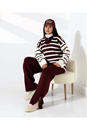 Fermuarlı Yaka Çizgili Sportif Triko Takım