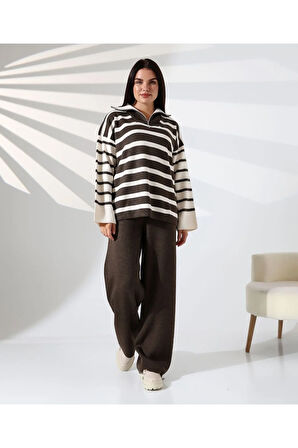 Fermuarlı Yaka Çizgili Sportif Triko Takım