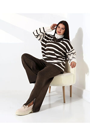 Fermuarlı Yaka Çizgili Sportif Triko Takım