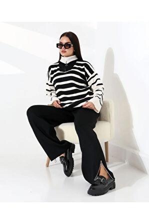 Fermuarlı Yaka Çizgili Sportif Triko Takım