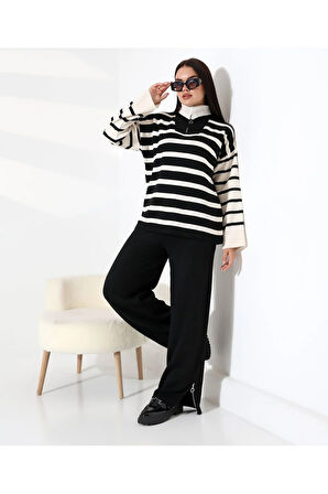 Fermuarlı Yaka Çizgili Sportif Triko Takım