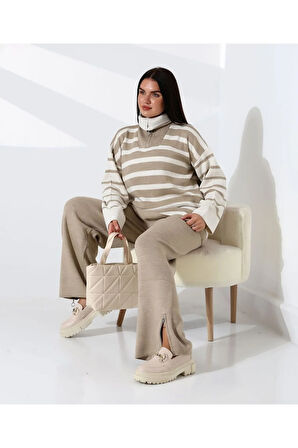 Fermuarlı Yaka Çizgili Sportif Triko Takım