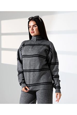 Yaka Fermuarlı Şeritli Basic Triko Takım