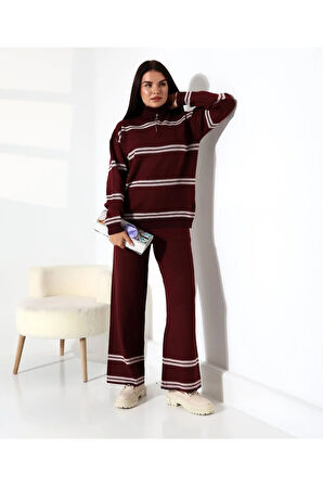 Yaka Fermuarlı Şeritli Basic Triko Takım