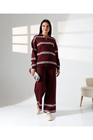 Yaka Fermuarlı Şeritli Basic Triko Takım