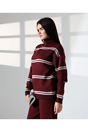 Yaka Fermuarlı Şeritli Basic Triko Takım