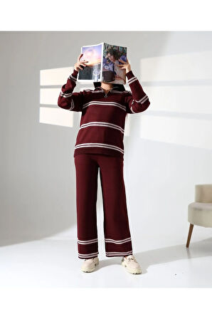 Yaka Fermuarlı Şeritli Basic Triko Takım