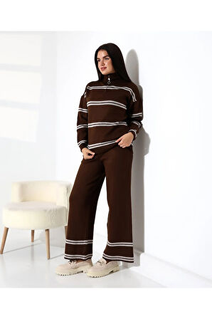 Yaka Fermuarlı Şeritli Basic Triko Takım