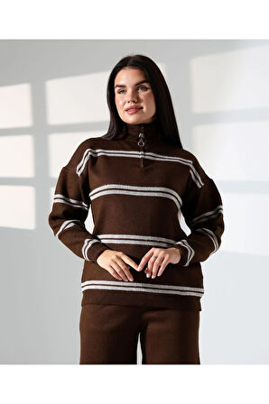 Yaka Fermuarlı Şeritli Basic Triko Takım