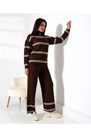 Yaka Fermuarlı Şeritli Basic Triko Takım