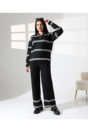 Yaka Fermuarlı Şeritli Basic Triko Takım
