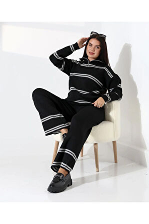 Yaka Fermuarlı Şeritli Basic Triko Takım