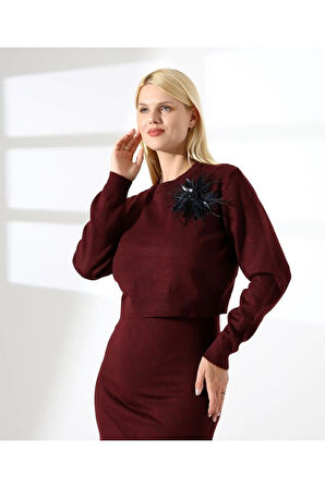 Tüy Detaylı Kazak-Elbise Triko Takım