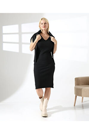 Tüy Detaylı Kazak-Elbise Triko Takım